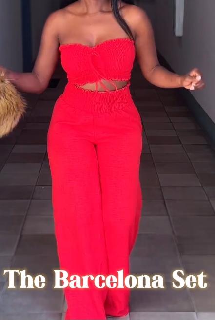 Two-piece red tube top trousers