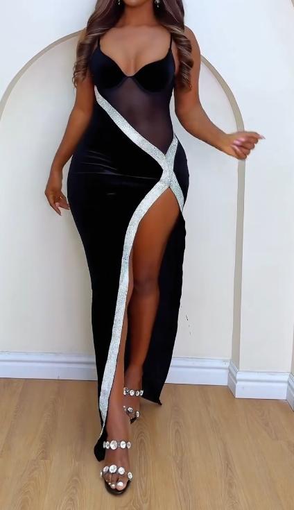 White cross black see-through slit dress