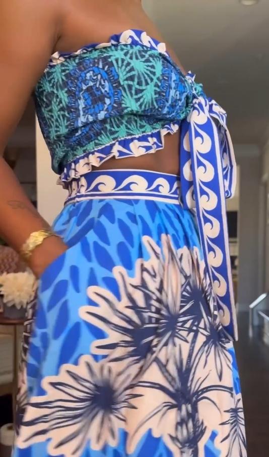 Blue exotic print tube top skirt suit