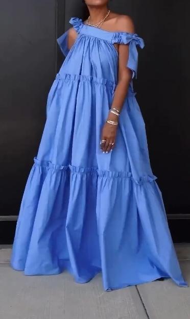 Blue one-shoulder loose dress