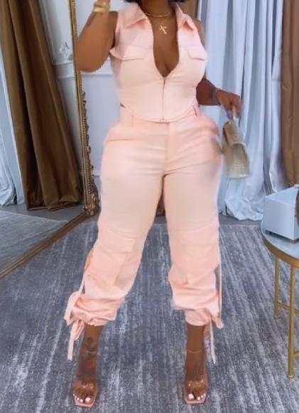 Naked pink V-neck vest trousers suit