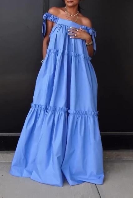 Blue one-shoulder loose dress