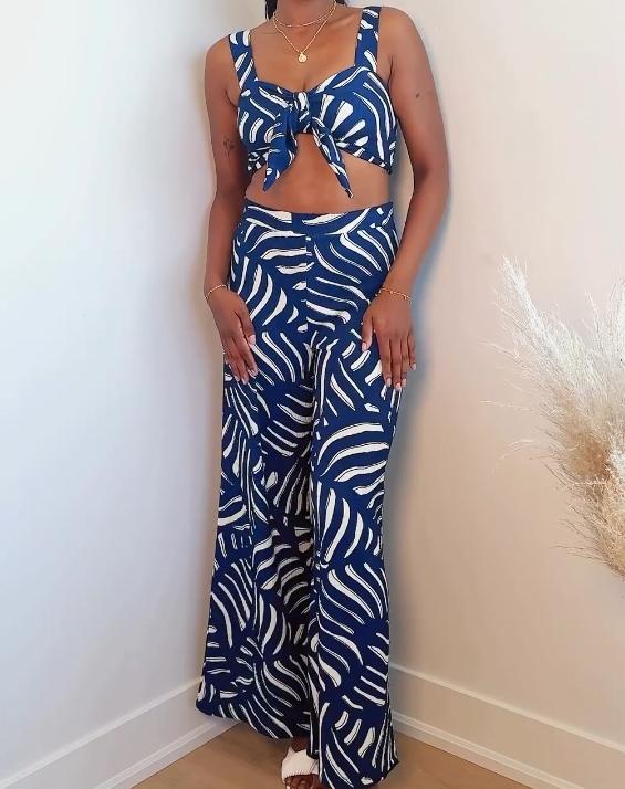 Sleeveless print design fashion wide-leg pants sling suit