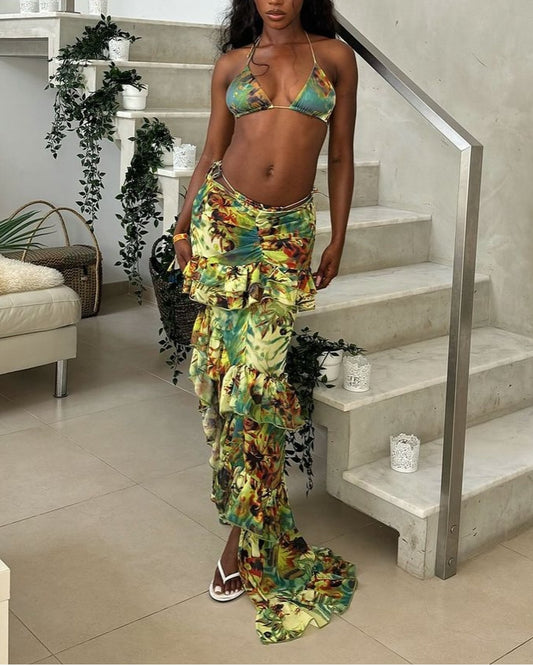 Triangle Bikini Top & Green Tropical Printed Chiffon Frill Detail Maxi Skirt