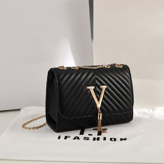 V-Fringed Chain Crossbody Bag