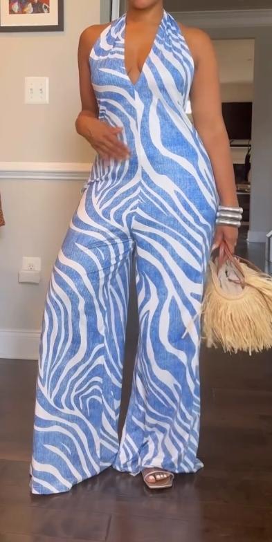 Hanging neck and backless blue and white jumpsuit