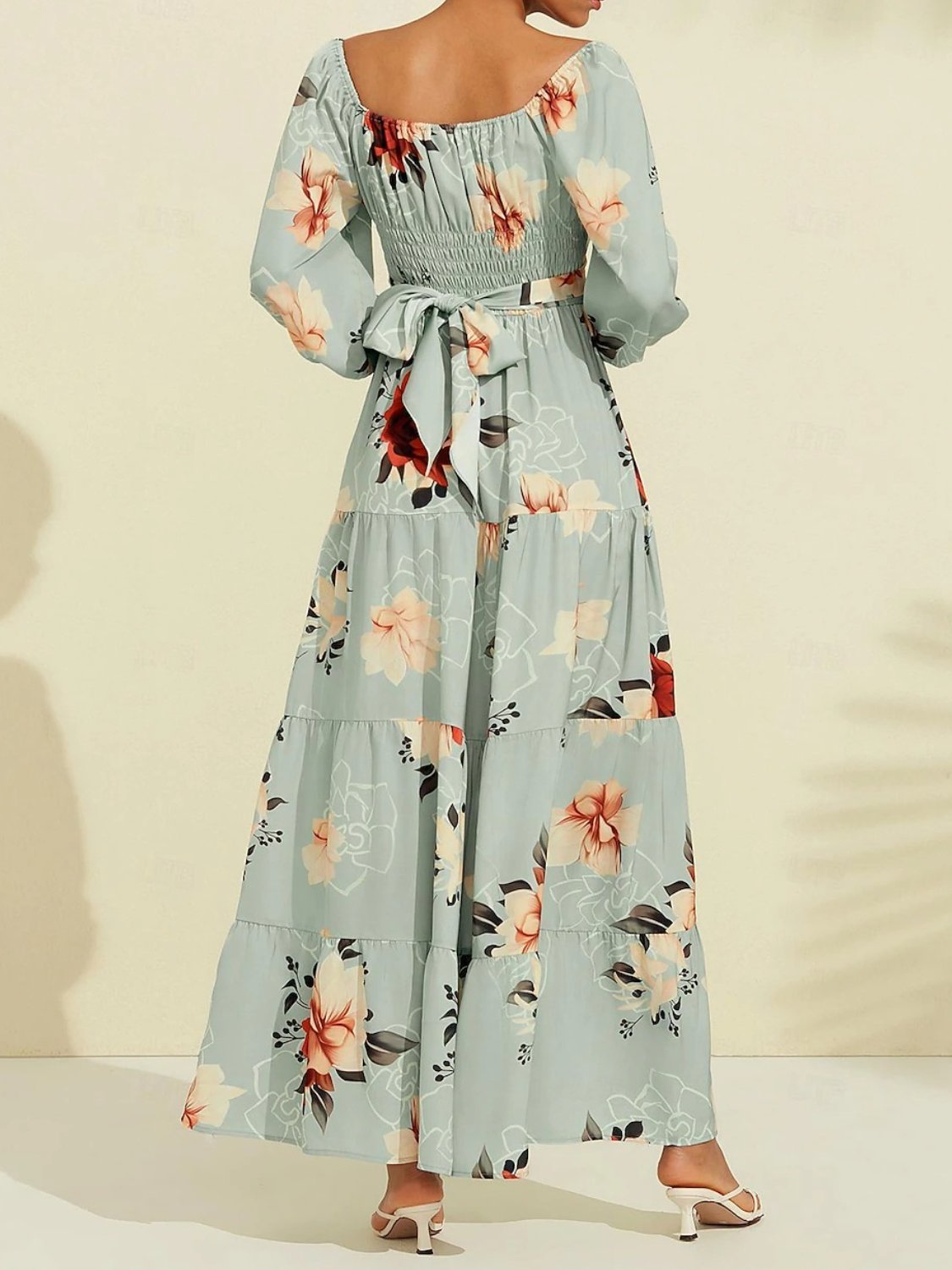 Light Blue Print Satin Lace up Maxi Dress