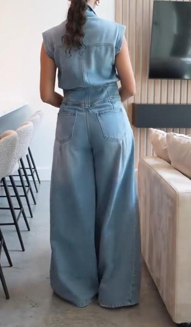 Sleeveless shirt collar denim jumpsuit