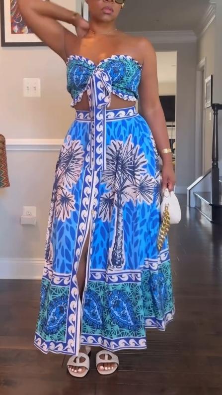 Blue exotic print tube top skirt suit