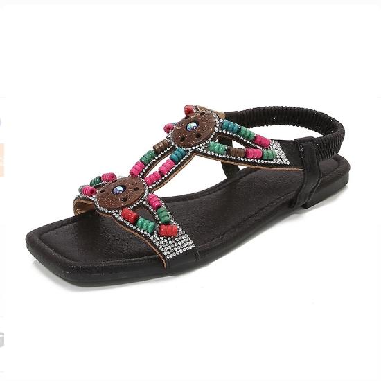 Women's Beaded Embellished Flat Sandals - Colorful Tribal-Inspired Casual Summer Footwear