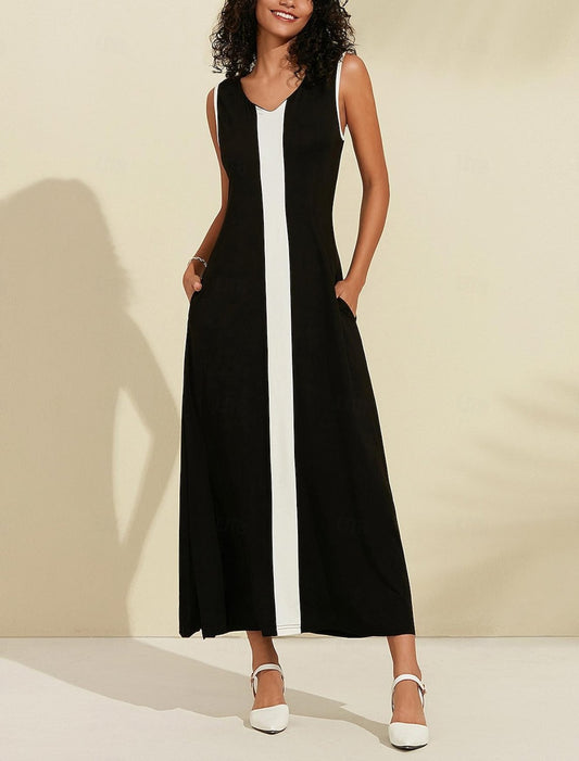 Women's Black Maxi Dress Modal Color Block Sleeveless V Neck A Line Knit Elegant Dress