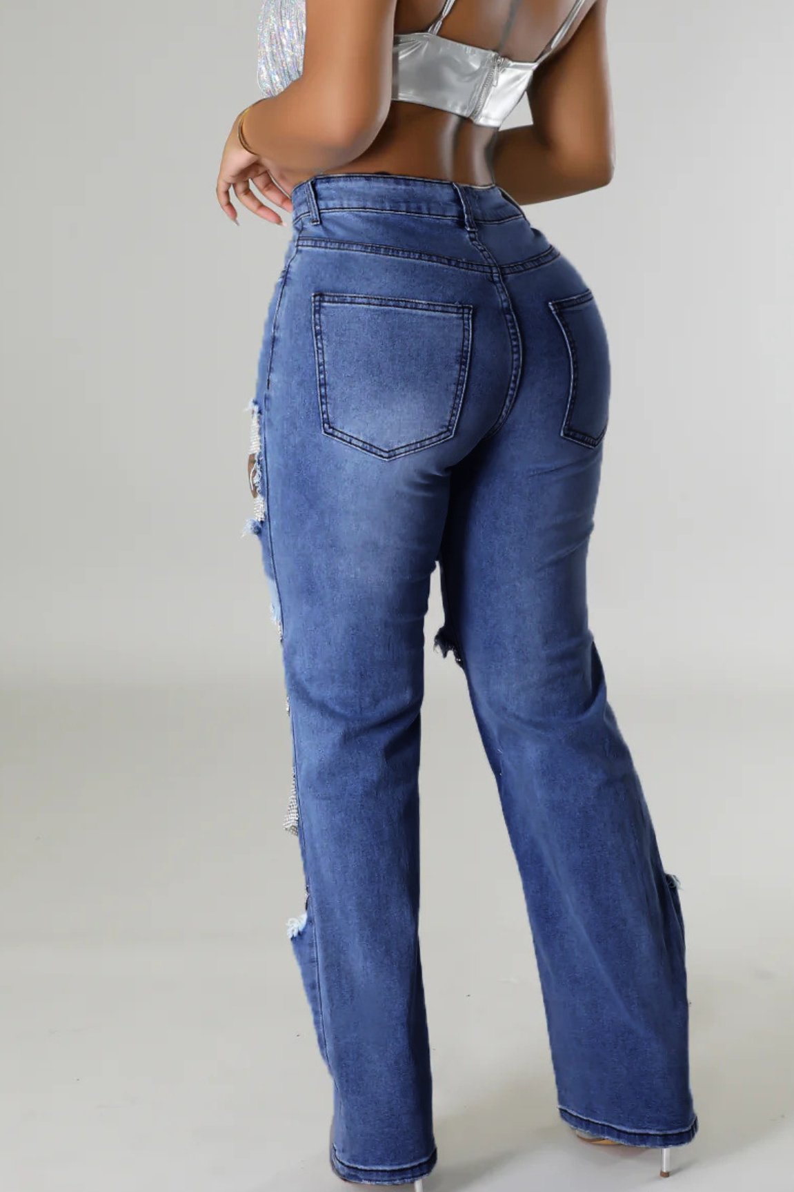 Hole-breaking heavy industry beaded elastic jeans and trousers female