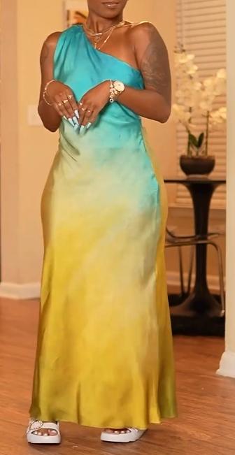 Mint blue-yellow gradient one-shoulder dress