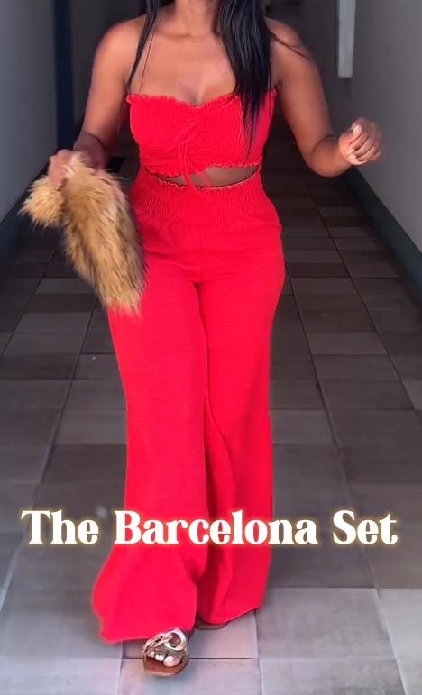 Two-piece red tube top trousers