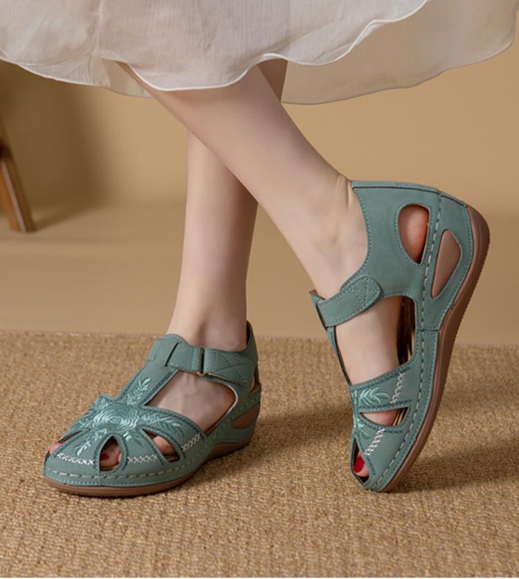 Solid Color Summer Embroidery Wedge Heel Round Toe Elegant Casual shoes