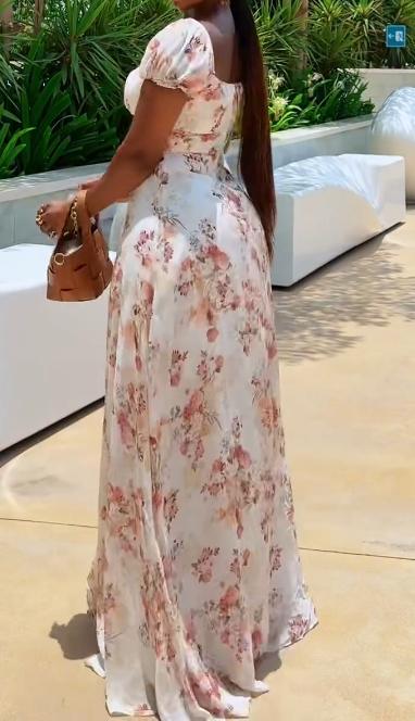 Square neck floral slit dress