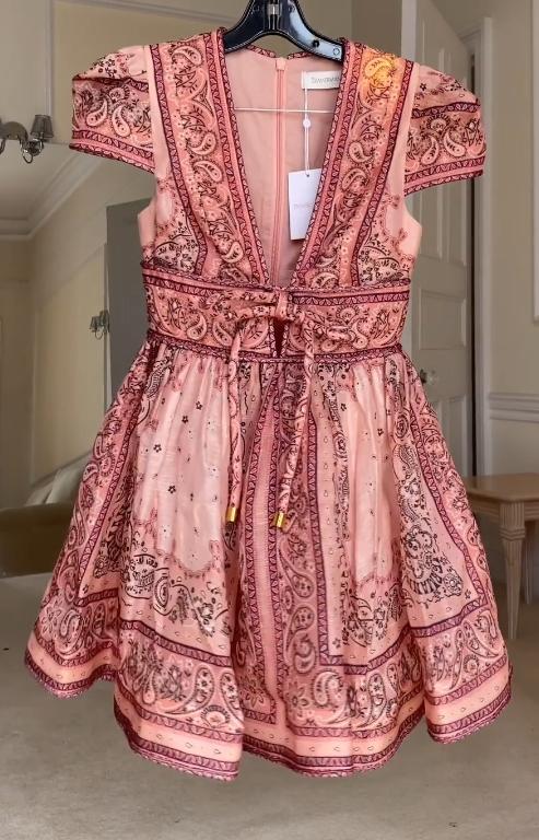 Pink patterned deep V-neck umbrella skirt dress