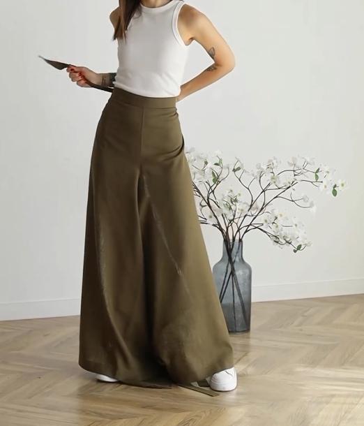 Pure color design fashion lace-up waist wide-leg skirt pants
