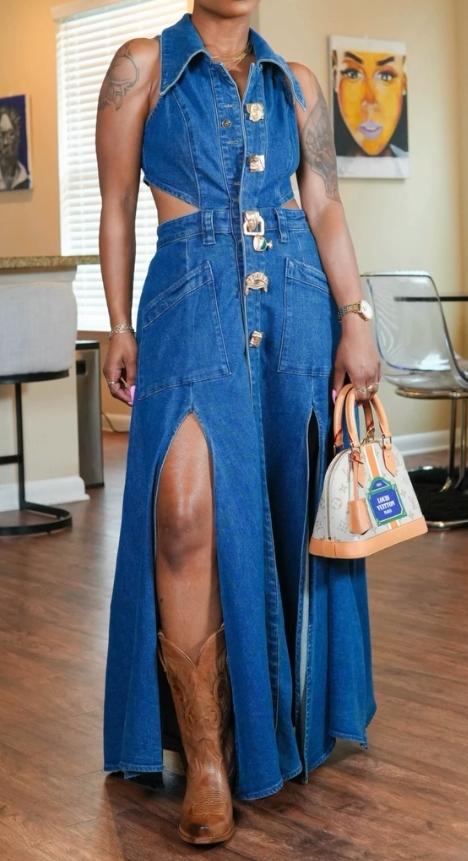 Large gold button open waist denim dress