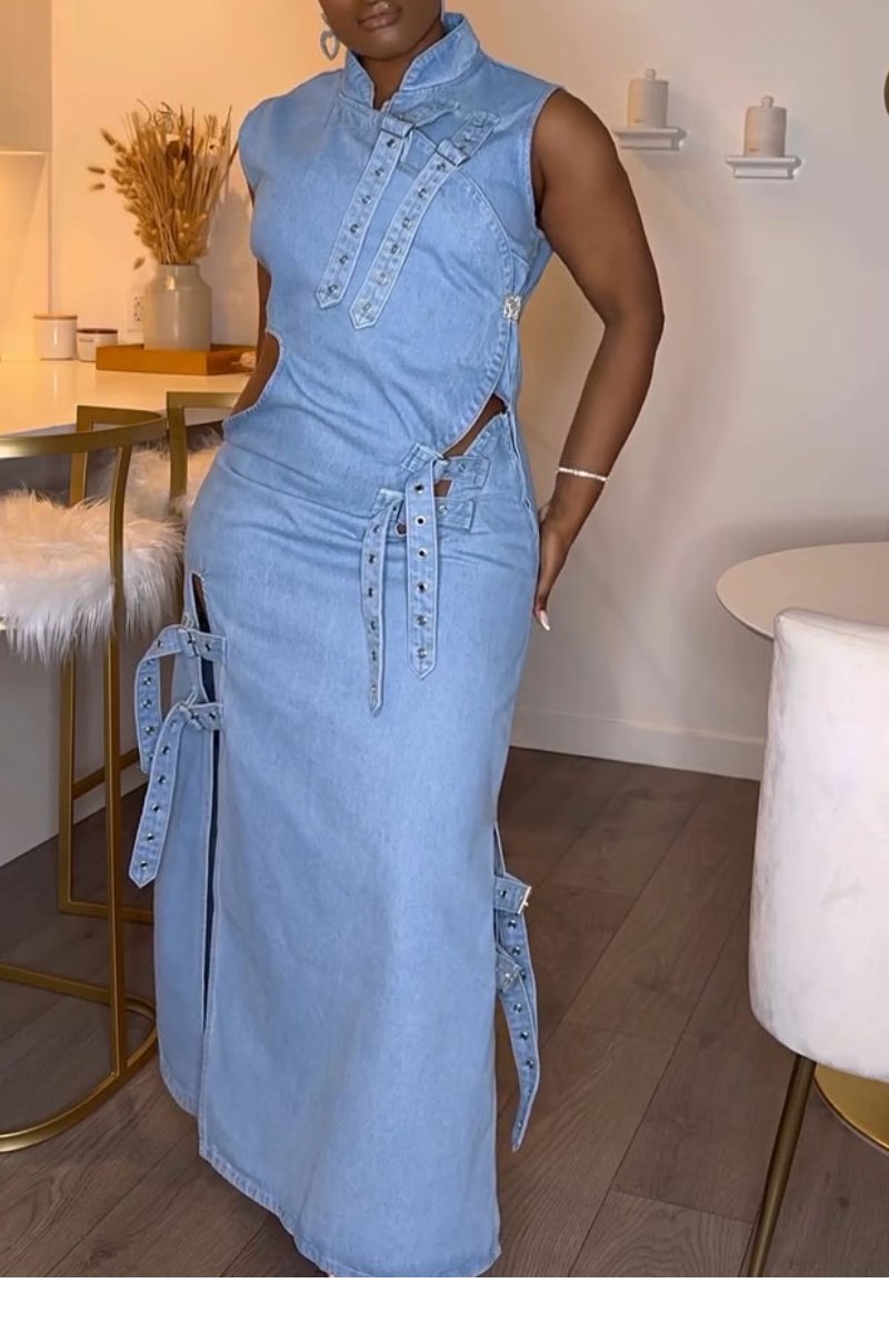 Light blue thin denim sleeveless design dress