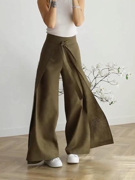 Pure color design fashion lace-up waist wide-leg skirt pants