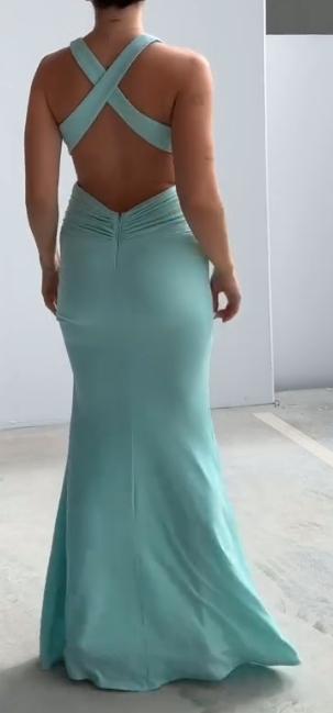 Blue-green back cross halter dress