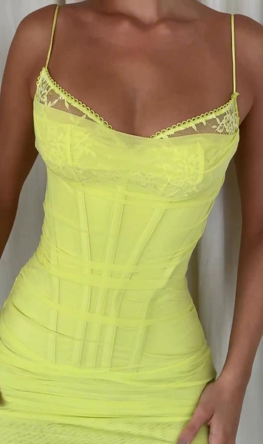 Strap lace tube top dress Yellow Pink