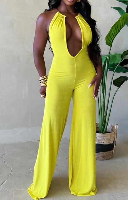 Bright yellow sleeveless thin ladies jumpsuit