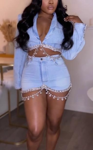 Sequin chain denim shorts suit