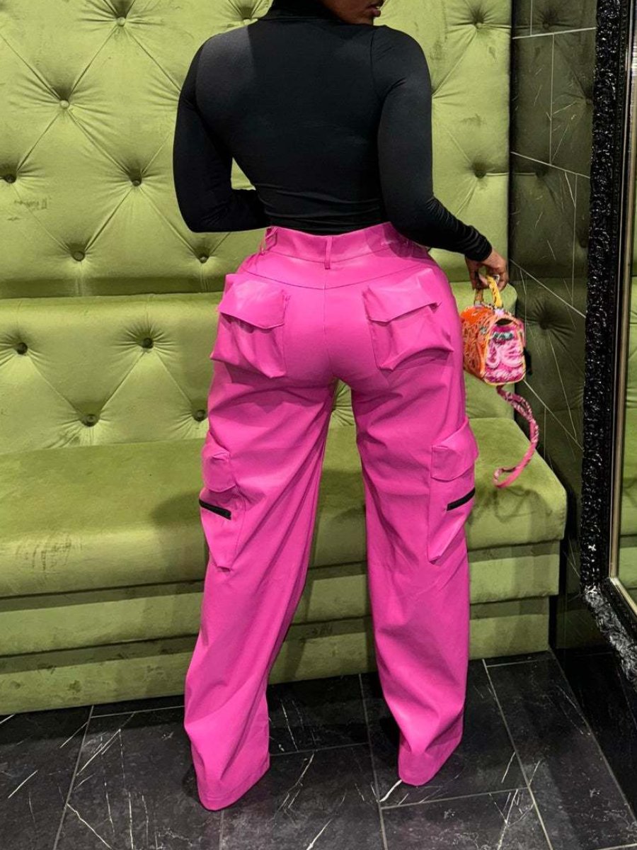 Pink Cargo Stitching Leather Pants