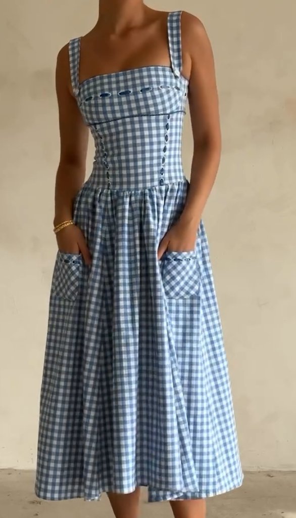 Blue plaid suspender dress