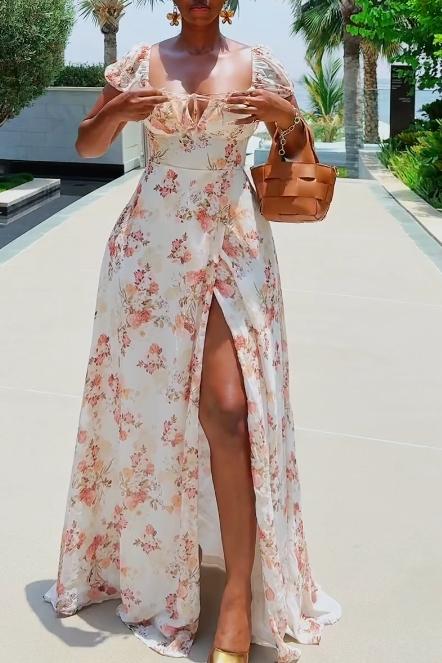 Square neck floral slit dress