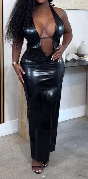 Deep V-neck sexy leather dress