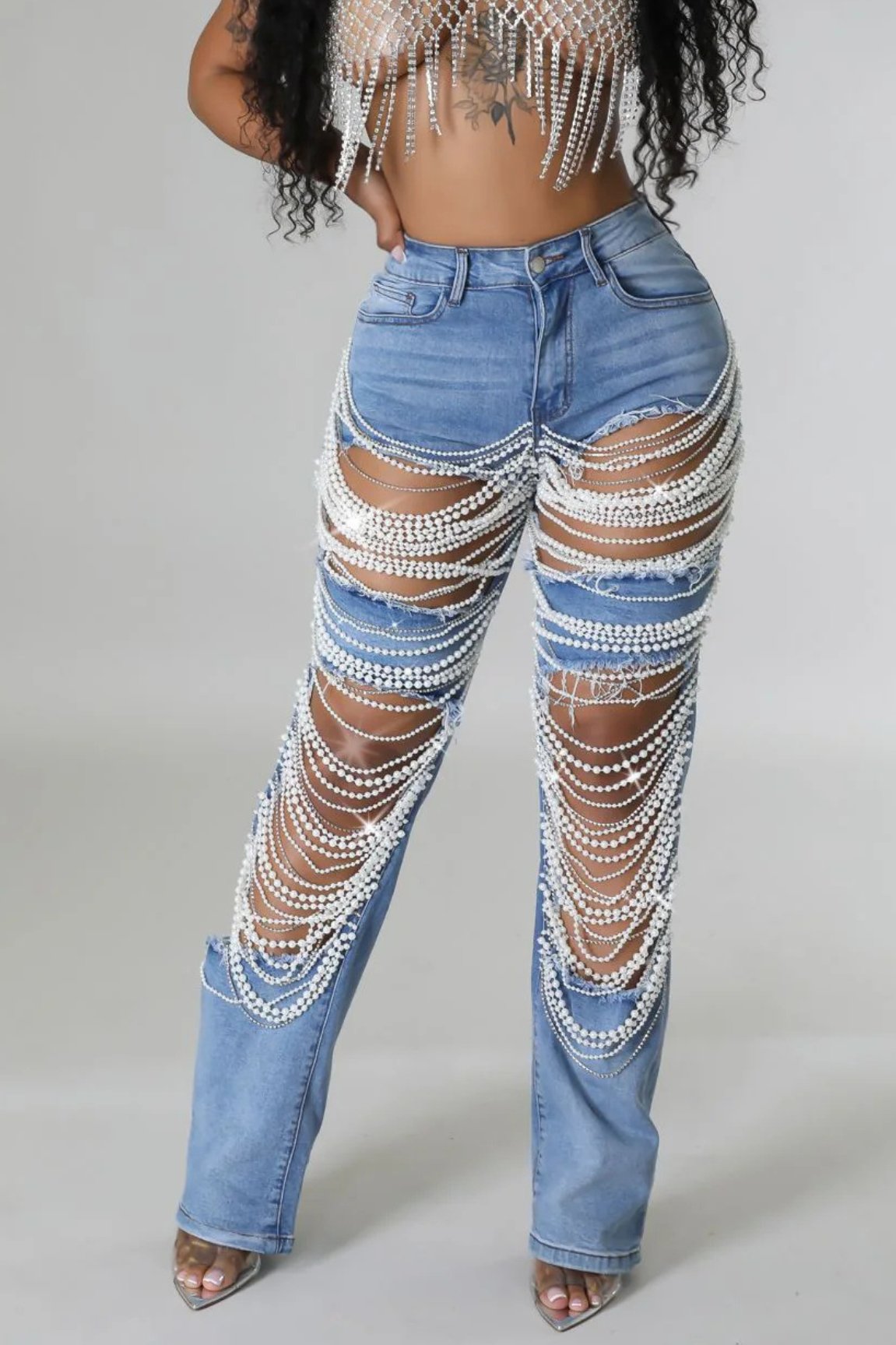 Hole-breaking heavy industry beaded elastic jeans and trousers female