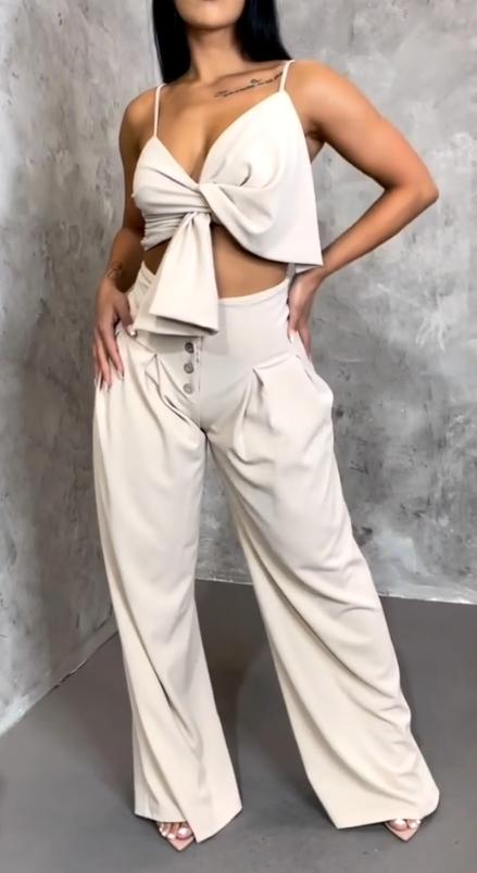 White bow coat wide-leg pants two-piece suit