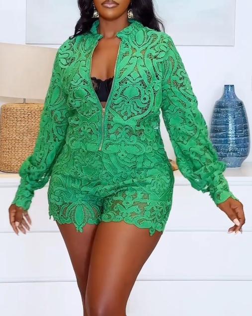 Green lace leisure two-piece suit