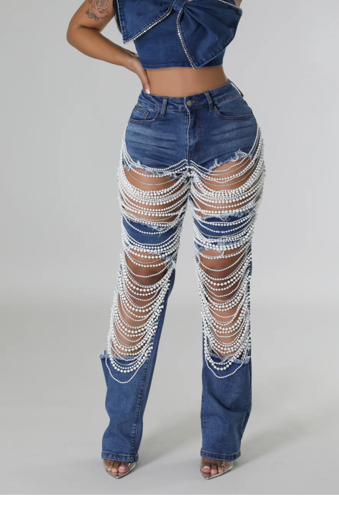 Hole-breaking heavy industry beaded elastic jeans and trousers female