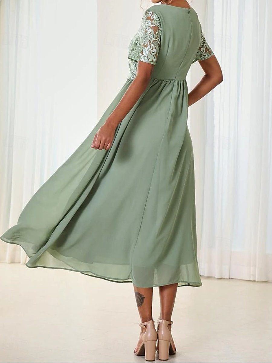 Women's A Line Dress Maxi Dress Elegant Formal V Neck Short Sleeve Green Color