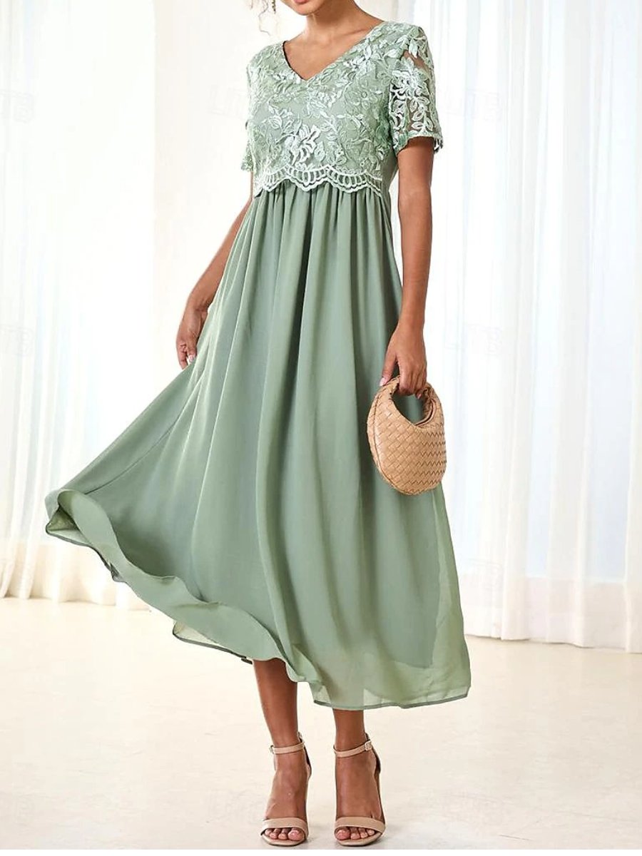 Women's A Line Dress Maxi Dress Elegant Formal V Neck Short Sleeve Green Color