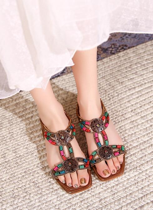 Women's Beaded Embellished Flat Sandals - Colorful Tribal-Inspired Casual Summer Footwear