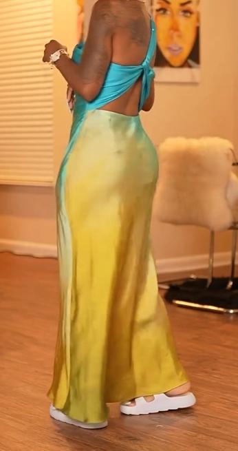 Mint blue-yellow gradient one-shoulder dress