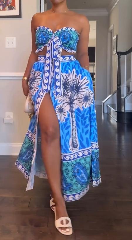 Blue exotic print tube top skirt suit