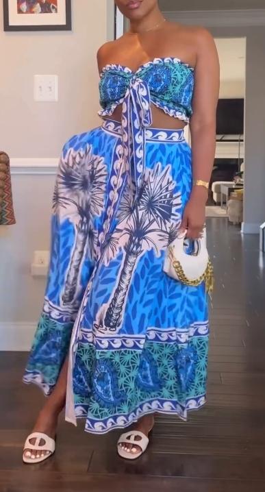 Blue exotic print tube top skirt suit