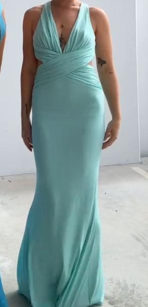 Blue-green back cross halter dress