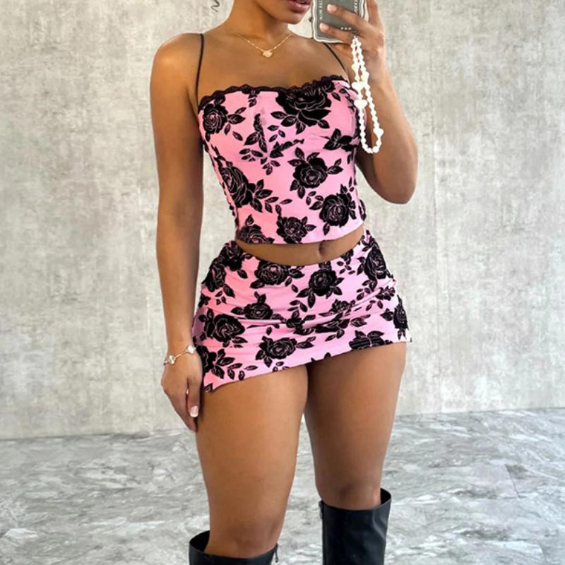 Rose printed suspender sexy slim hip skirt suit