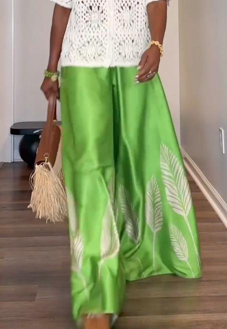 Green leaves fashion loose wide-leg mop pants