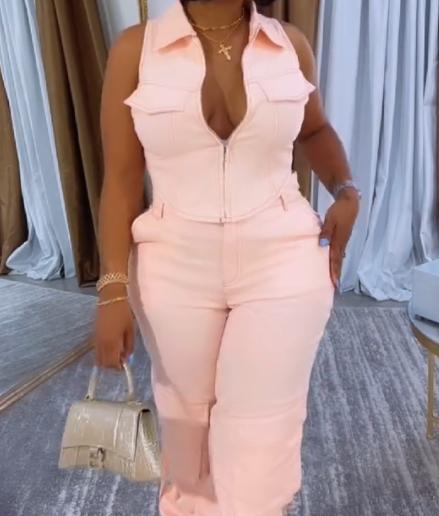 Naked pink V-neck vest trousers suit