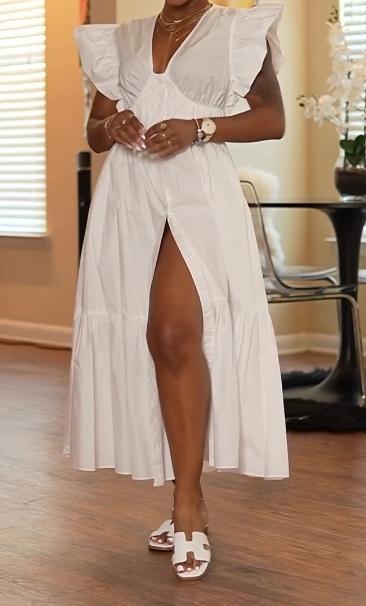 White flying sleeve slit dress