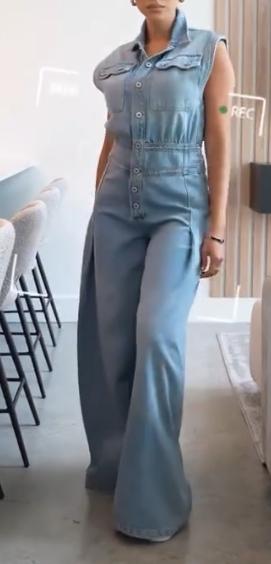 Sleeveless shirt collar denim jumpsuit