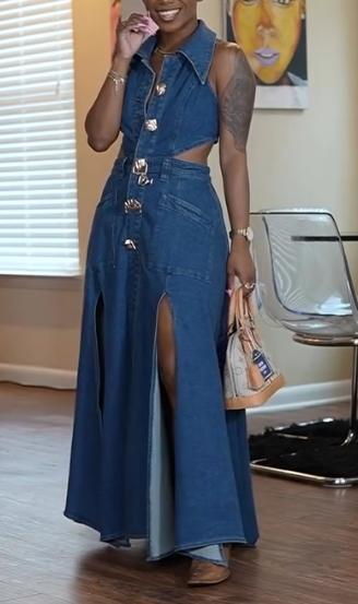 Large gold button open waist denim dress